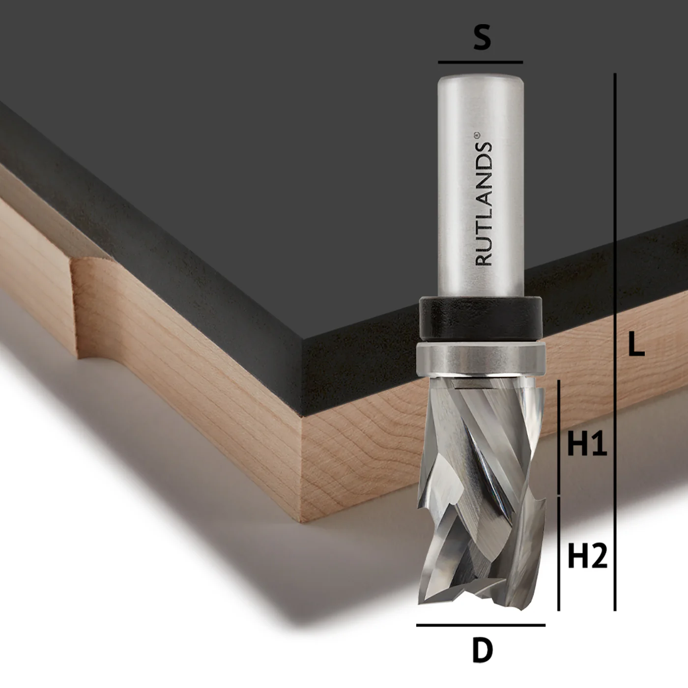 Solid Carbide Router Bit - Spiral Compression Top Bearing - D=19mm H1=16mm H2=16mm L=92mm S=1/2"