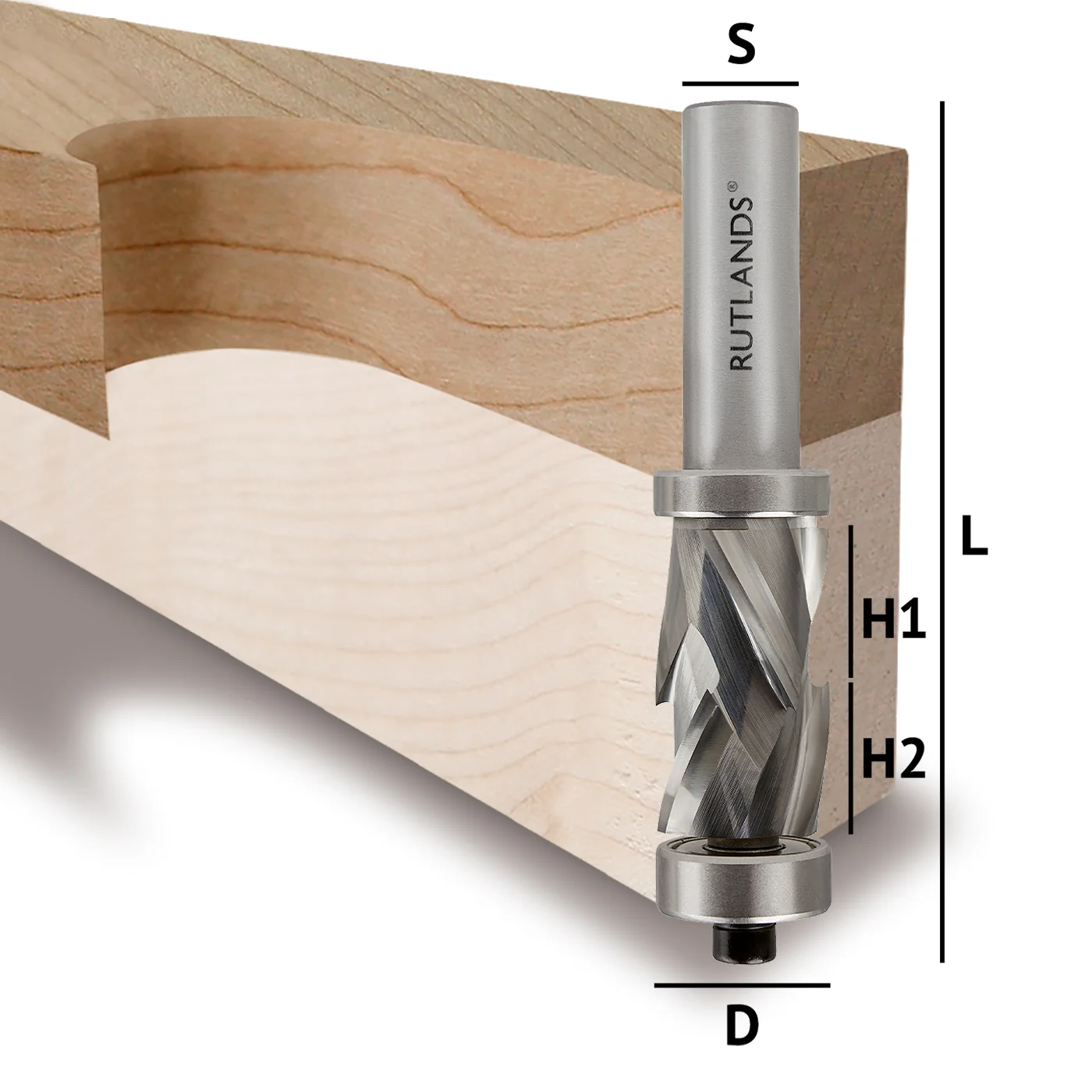 Solid Carbide Router Bit - Spiral Compression Top & Bottom Bearing - D=19mm H1=16mm H2=16mm S=1/2"